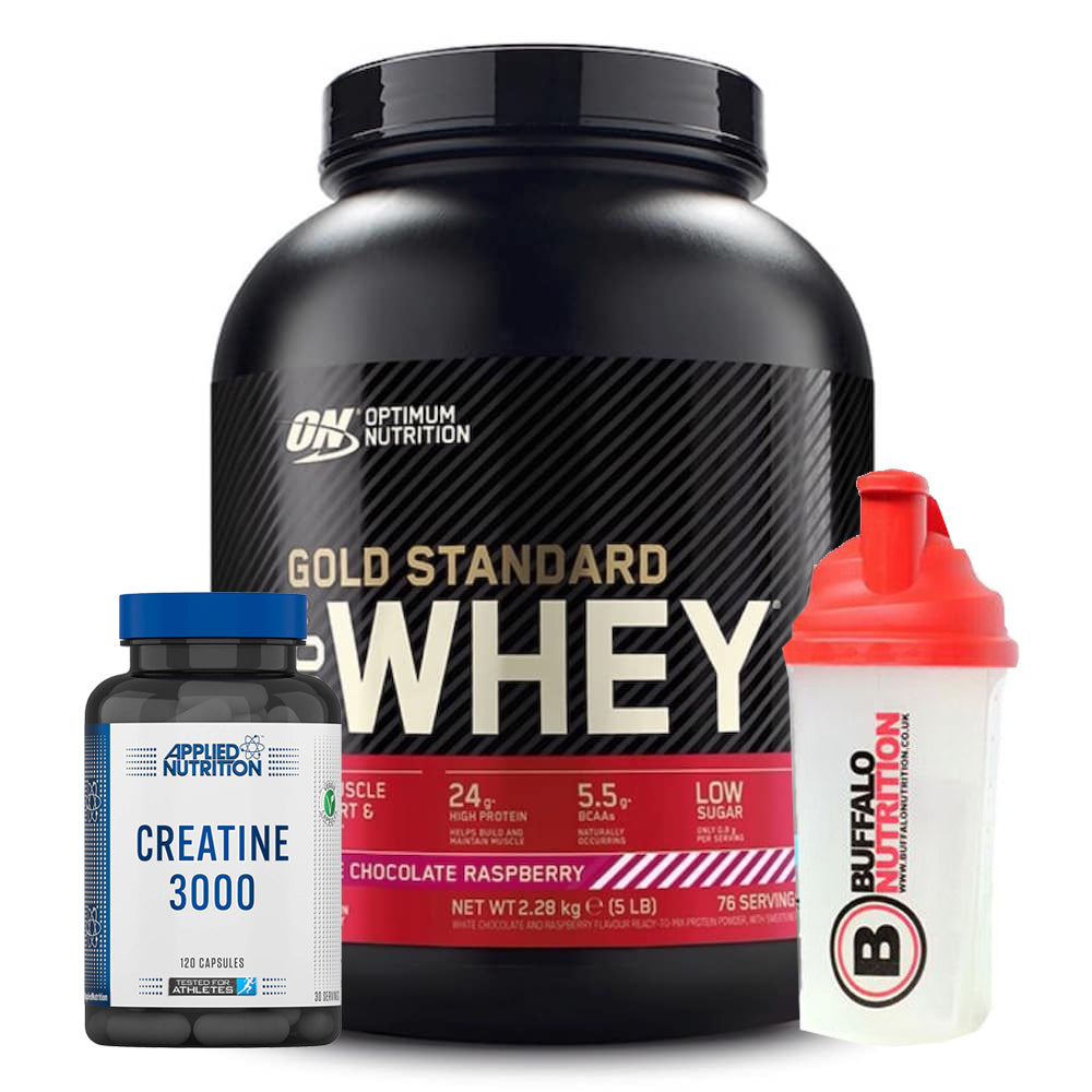 Optimum Nutrition Gold Standard 100% Whey 2.27kg + *FREE* Creatine 120 Capsules + Buffalo Shaker